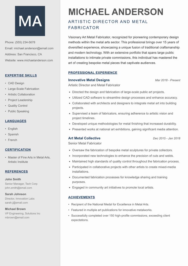 Art Metal Fabricator resume sample — Artistic Director and Metal Fabricator focus
