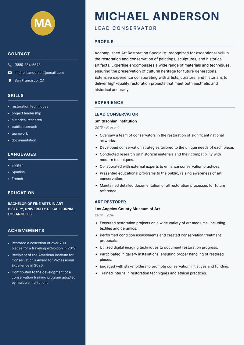 Art Restoration Specialist resume sample — Lead Conservator focus
