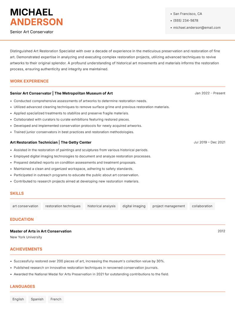 Art Restoration Specialist resume sample — Senior Art Conservator focus