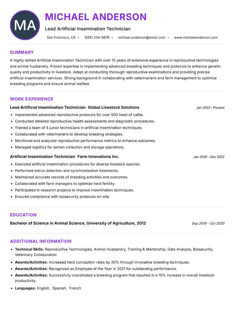 Artificial Insemination Technician resume example