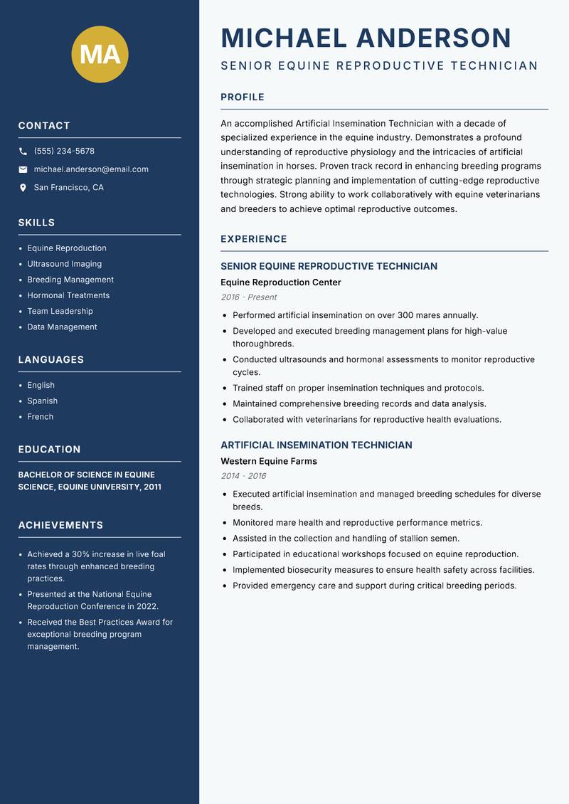 Artificial Insemination Technician resume sample — Senior Equine Reproductive Technician focus