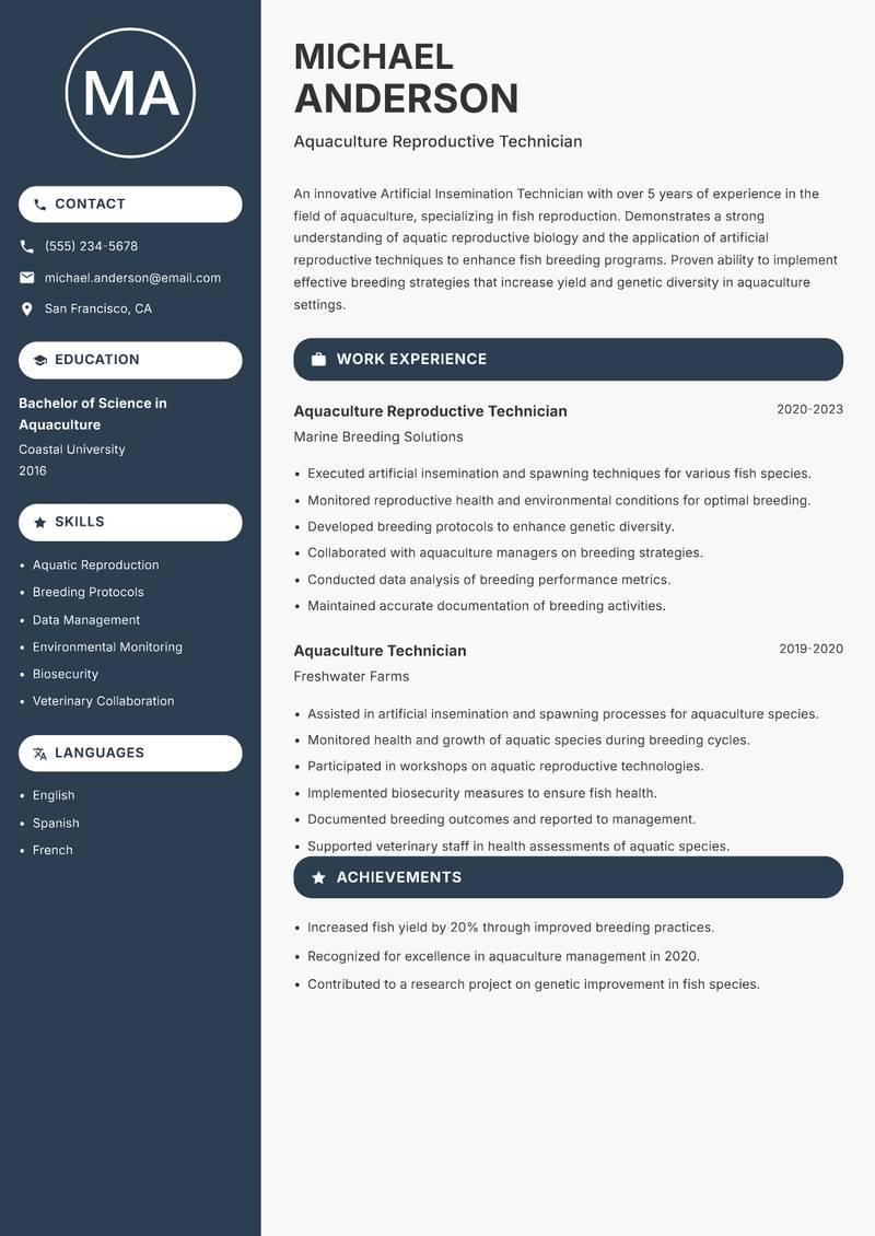 Artificial Insemination Technician resume sample — Aquaculture Reproductive Technician focus