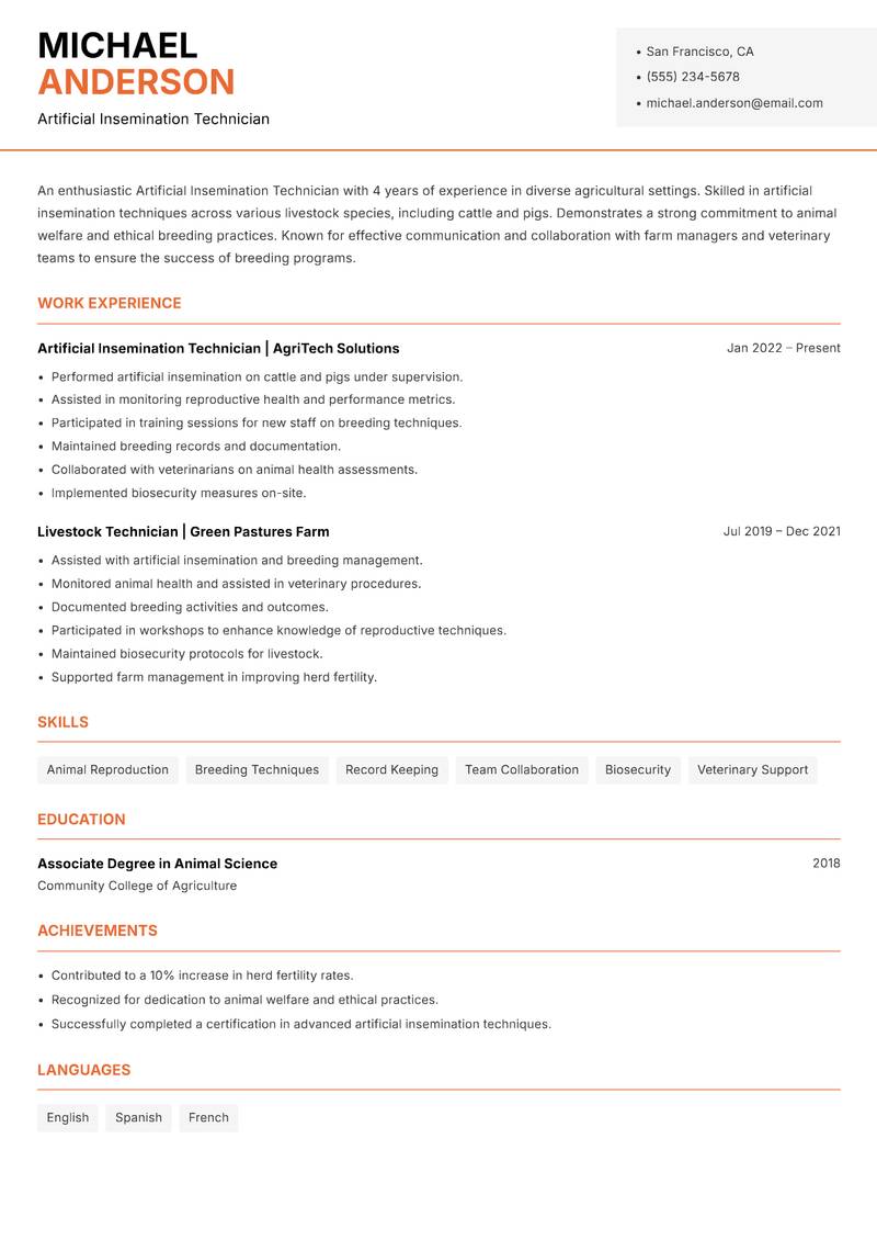 Artificial Insemination Technician resume sample — Artificial Insemination Technician focus