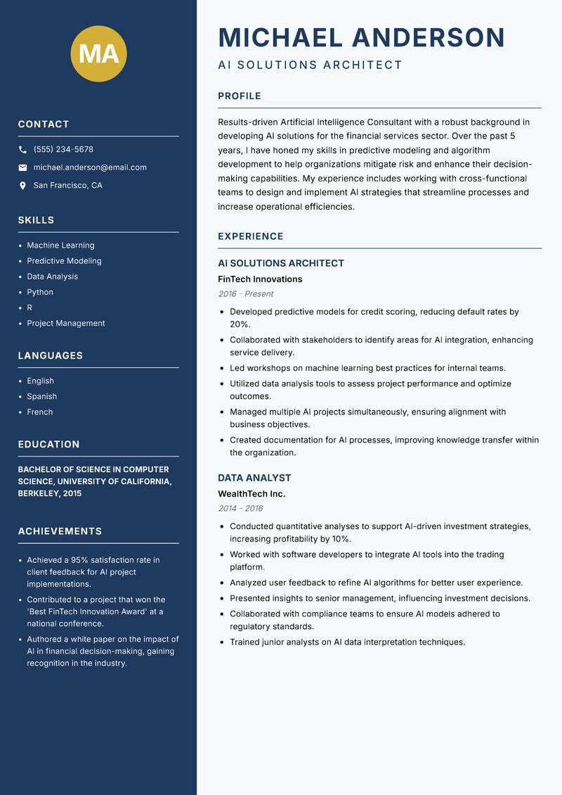 Artificial Intelligence Consultant resume sample — AI Solutions Architect focus