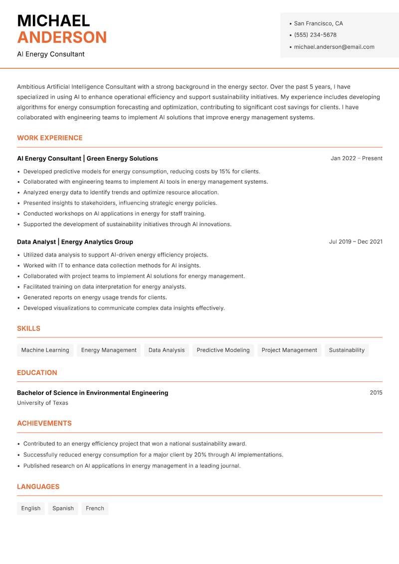 Artificial Intelligence Consultant resume sample — AI Energy Consultant focus