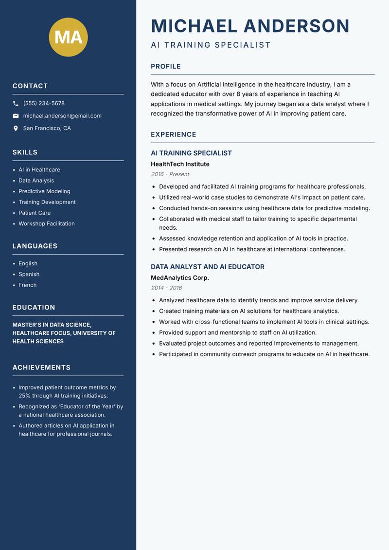 Artificial Intelligence Educator resume sample — AI Training Specialist focus