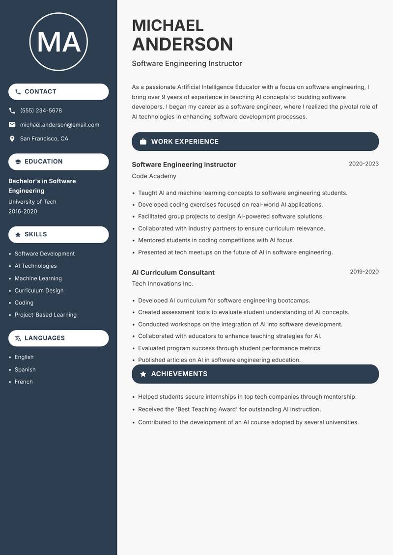 Artificial Intelligence Educator resume sample — Software Engineering Instructor focus