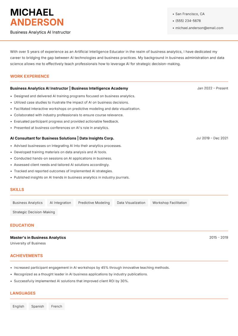 Artificial Intelligence Educator resume sample — Business Analytics AI Instructor focus