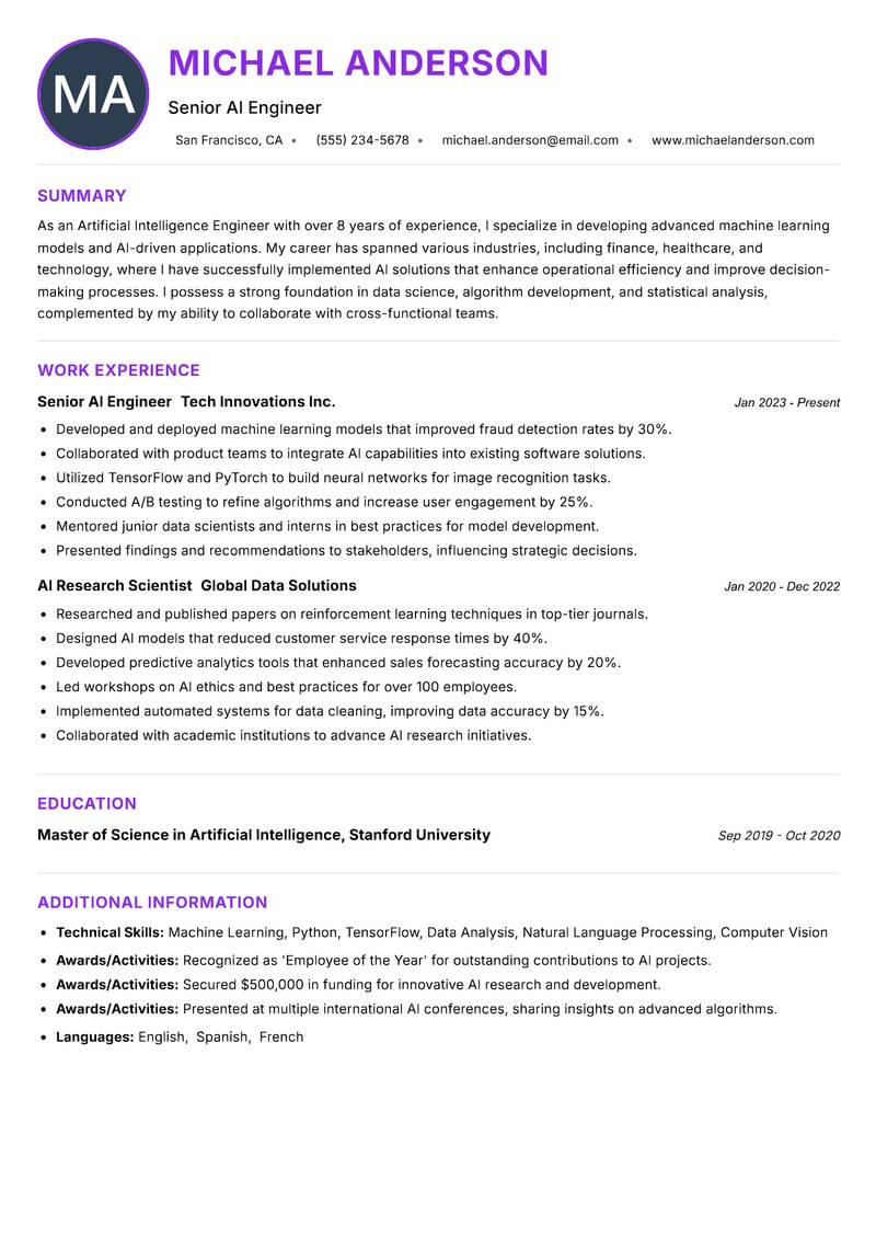Artificial Intelligence Engineer resume example