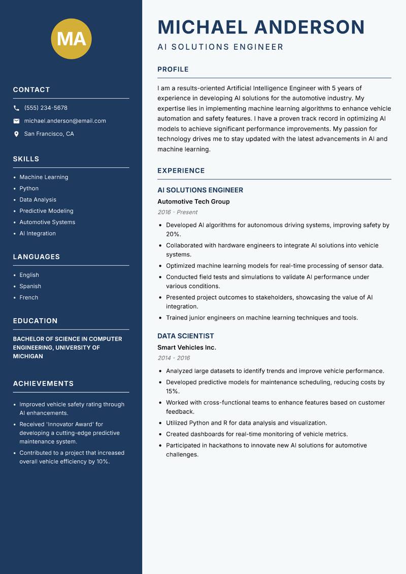 Artificial Intelligence Engineer resume sample — AI Solutions Engineer focus