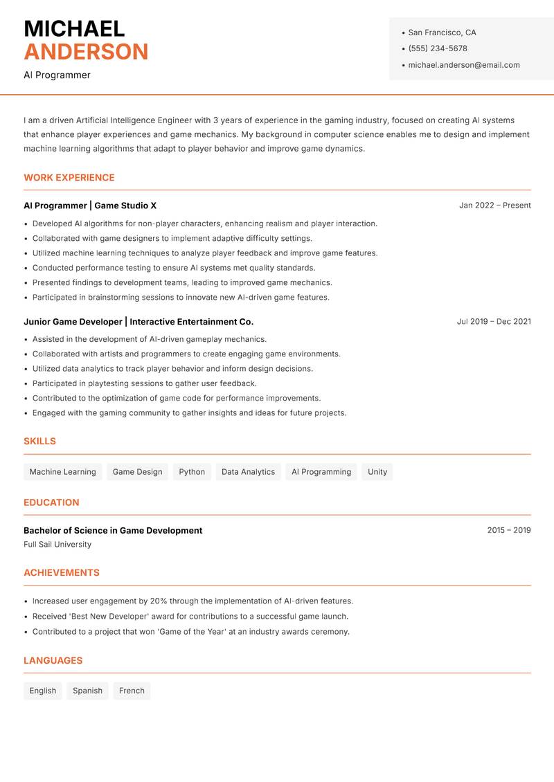 Artificial Intelligence Engineer resume sample — AI Programmer focus