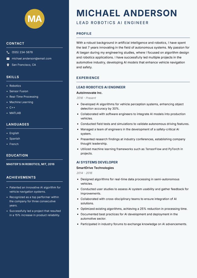 Artificial Intelligence Researcher resume sample — Lead Robotics AI Engineer focus