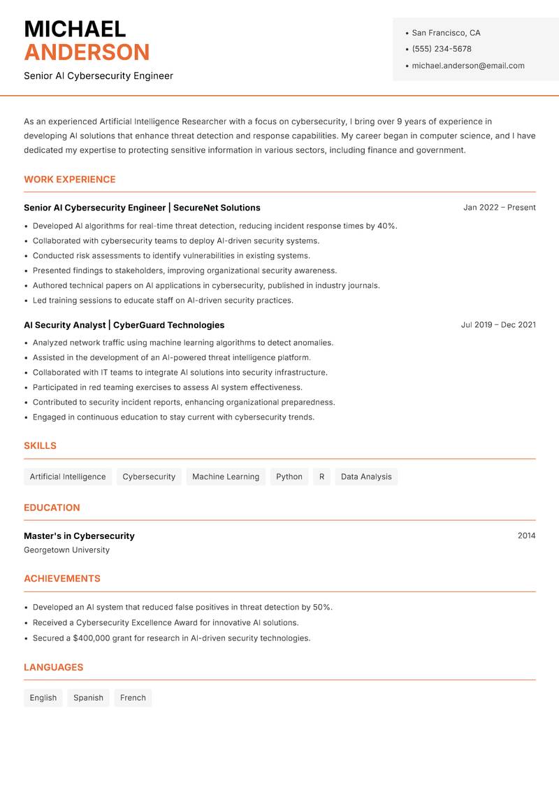 Artificial Intelligence Researcher resume sample — Senior AI Cybersecurity Engineer focus