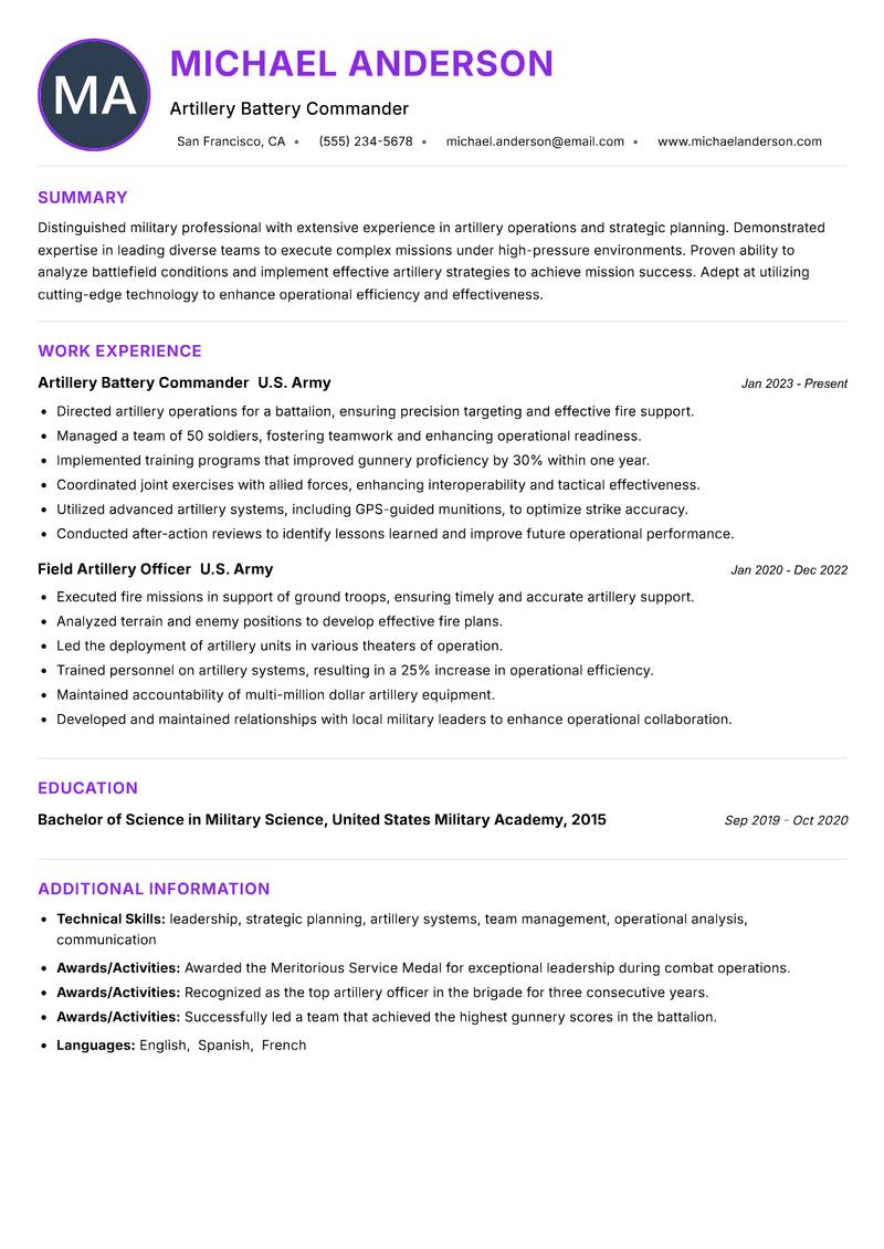 Artillery Officer resume example