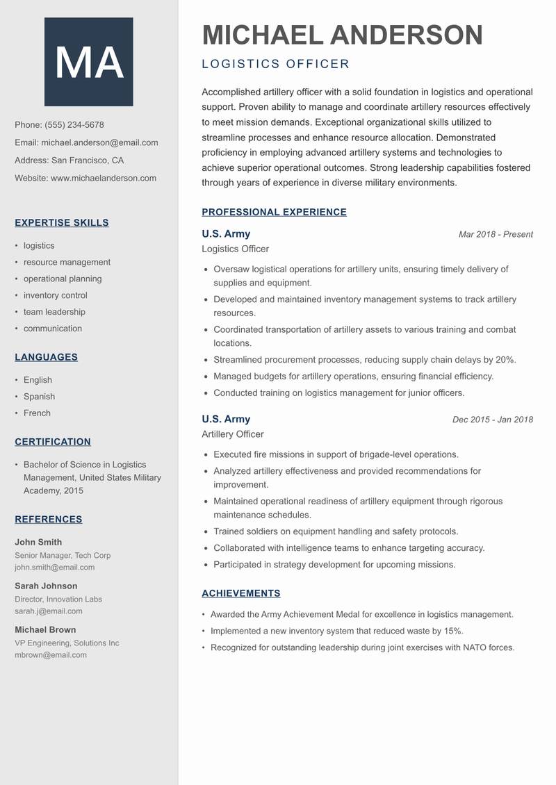 Artillery Officer resume sample — Logistics Officer focus