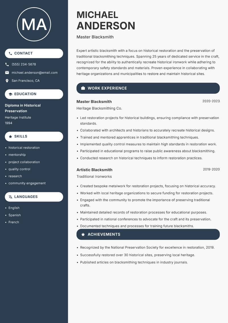 Artistic Blacksmith resume sample — Master Blacksmith focus