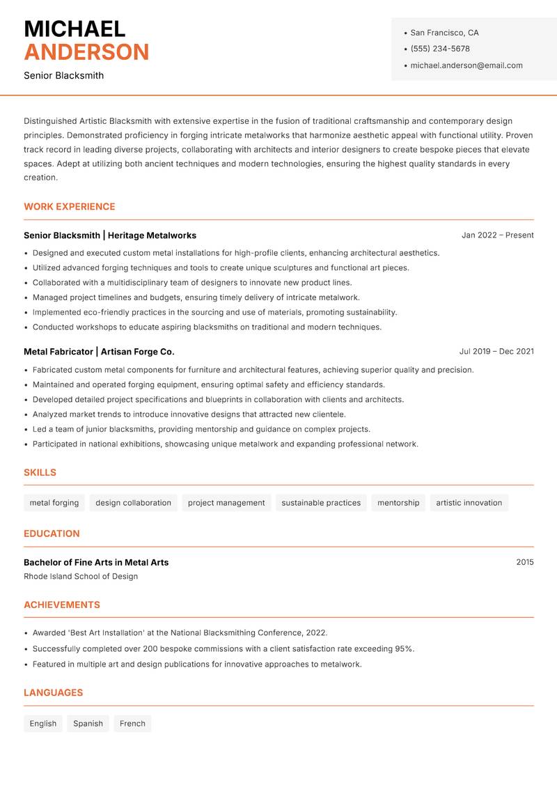 Artistic Blacksmith resume sample — Senior Blacksmith focus