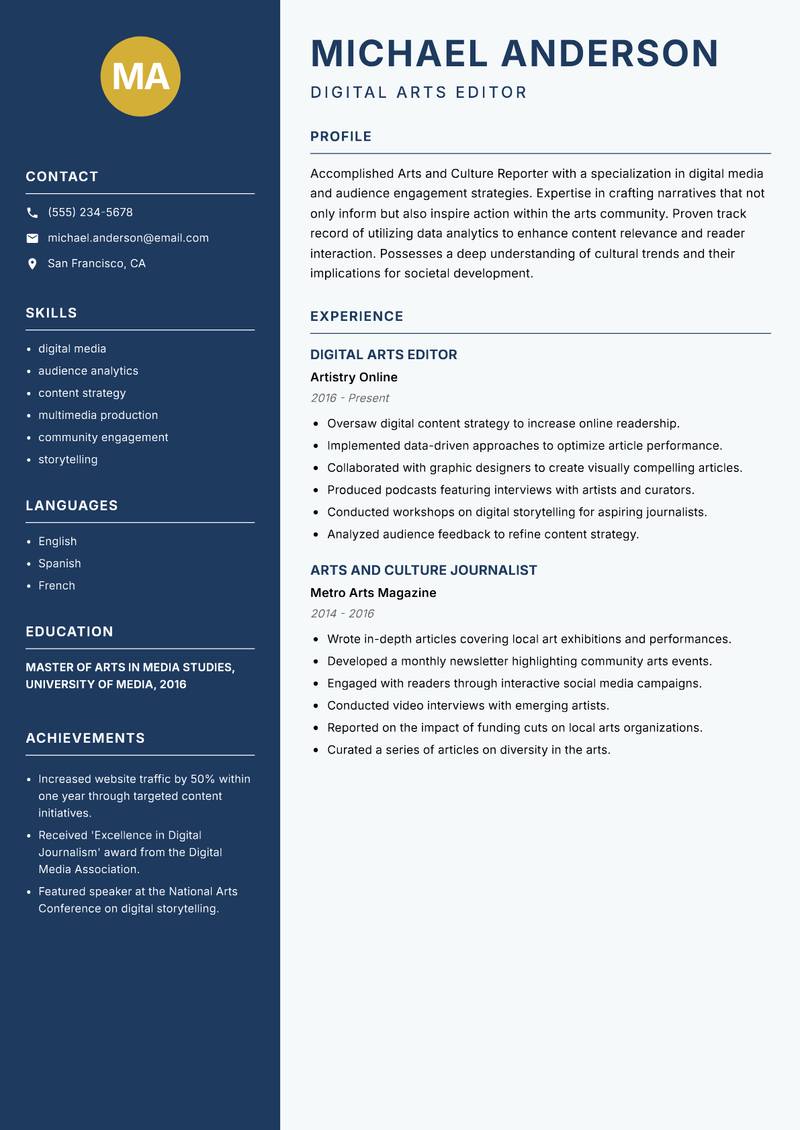 Arts and Culture Reporter resume sample — Digital Arts Editor focus