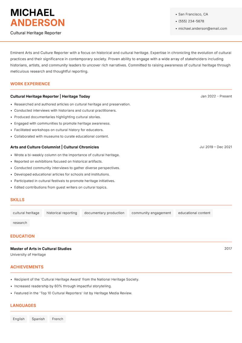 Arts and Culture Reporter resume sample — Cultural Heritage Reporter focus