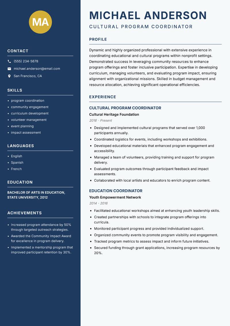 Ashram Program Coordinator resume sample — Cultural Program Coordinator focus