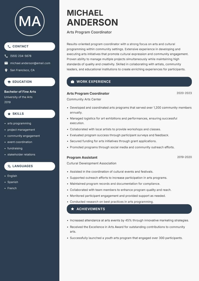 Ashram Program Coordinator resume sample — Arts Program Coordinator focus