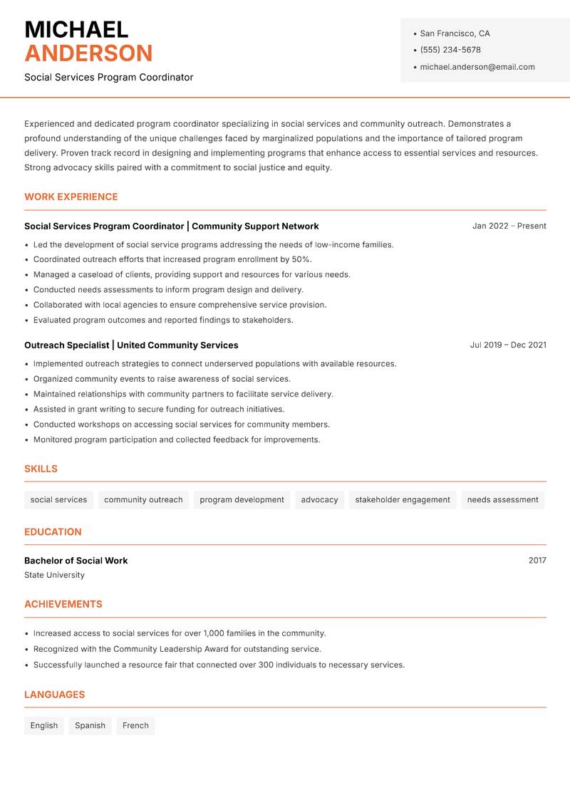 Ashram Program Coordinator resume sample — Social Services Program Coordinator focus