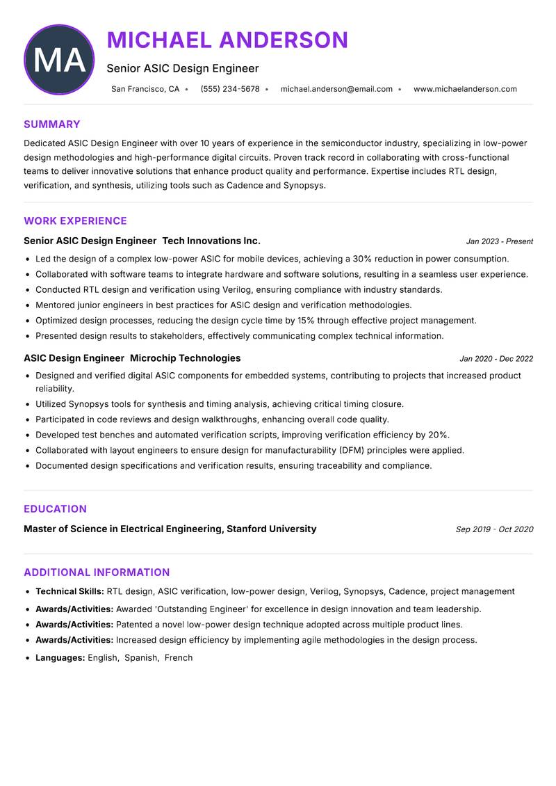 ASIC Design Engineer resume example