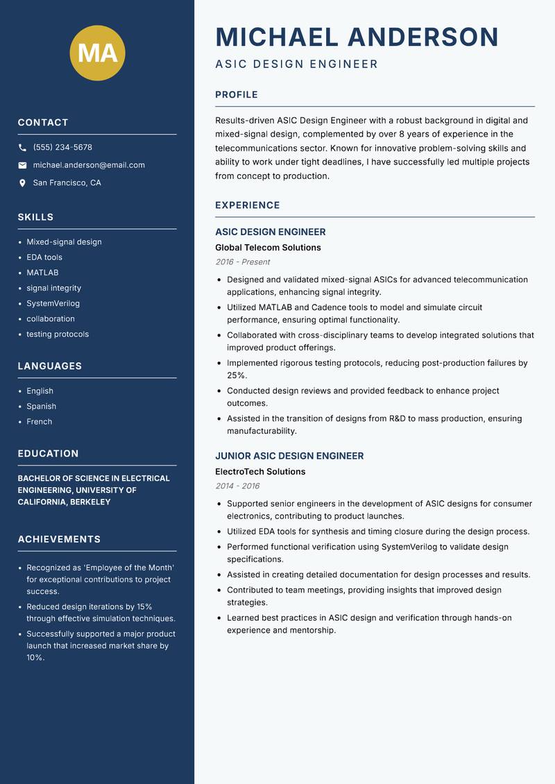 ASIC Design Engineer resume sample — ASIC Design Engineer focus