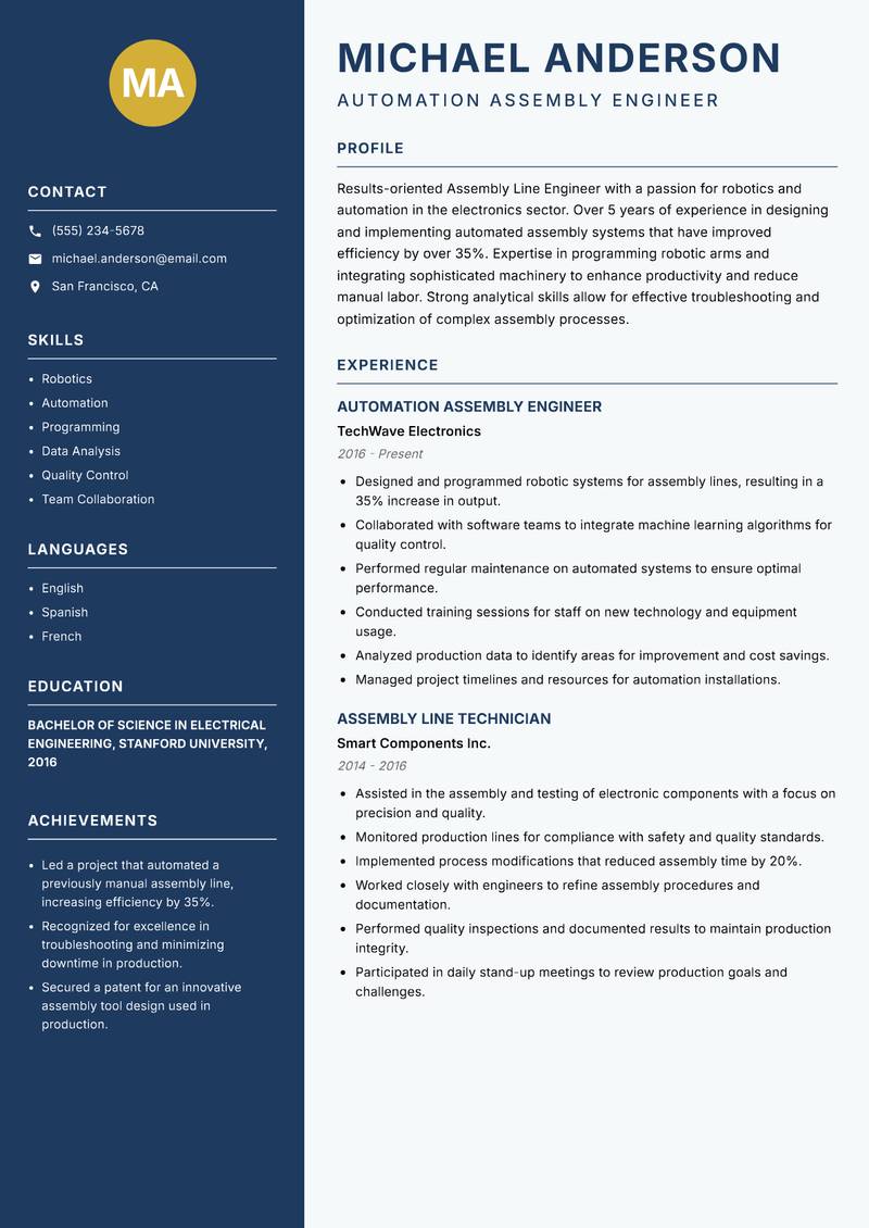 Assembly Line Engineer resume sample — Automation Assembly Engineer focus