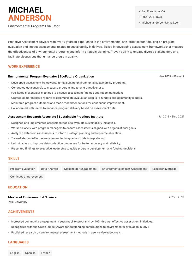 Assessment Advisor resume sample — Environmental Program Evaluator focus