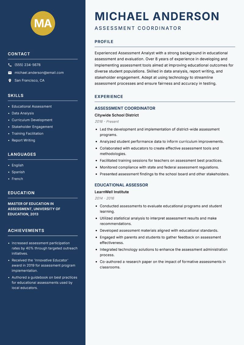 Assessment Analyst resume sample — Assessment Coordinator focus