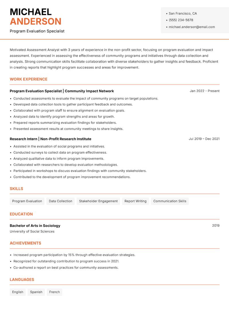 Assessment Analyst resume sample — Program Evaluation Specialist focus