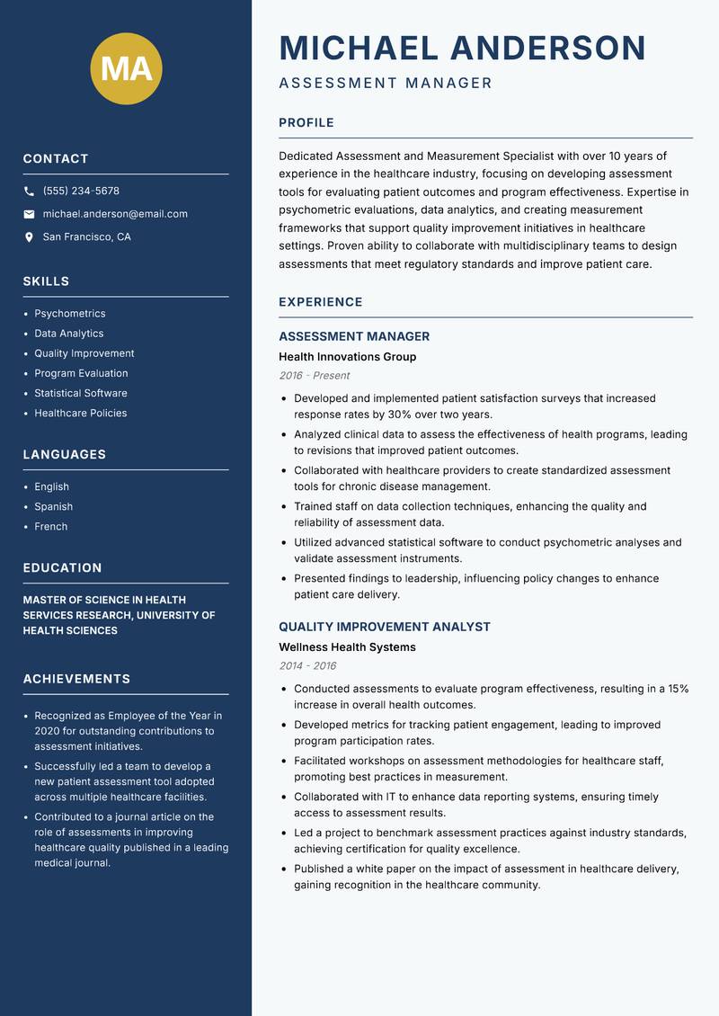 Assessment and Measurement Specialist resume sample — Assessment Manager focus