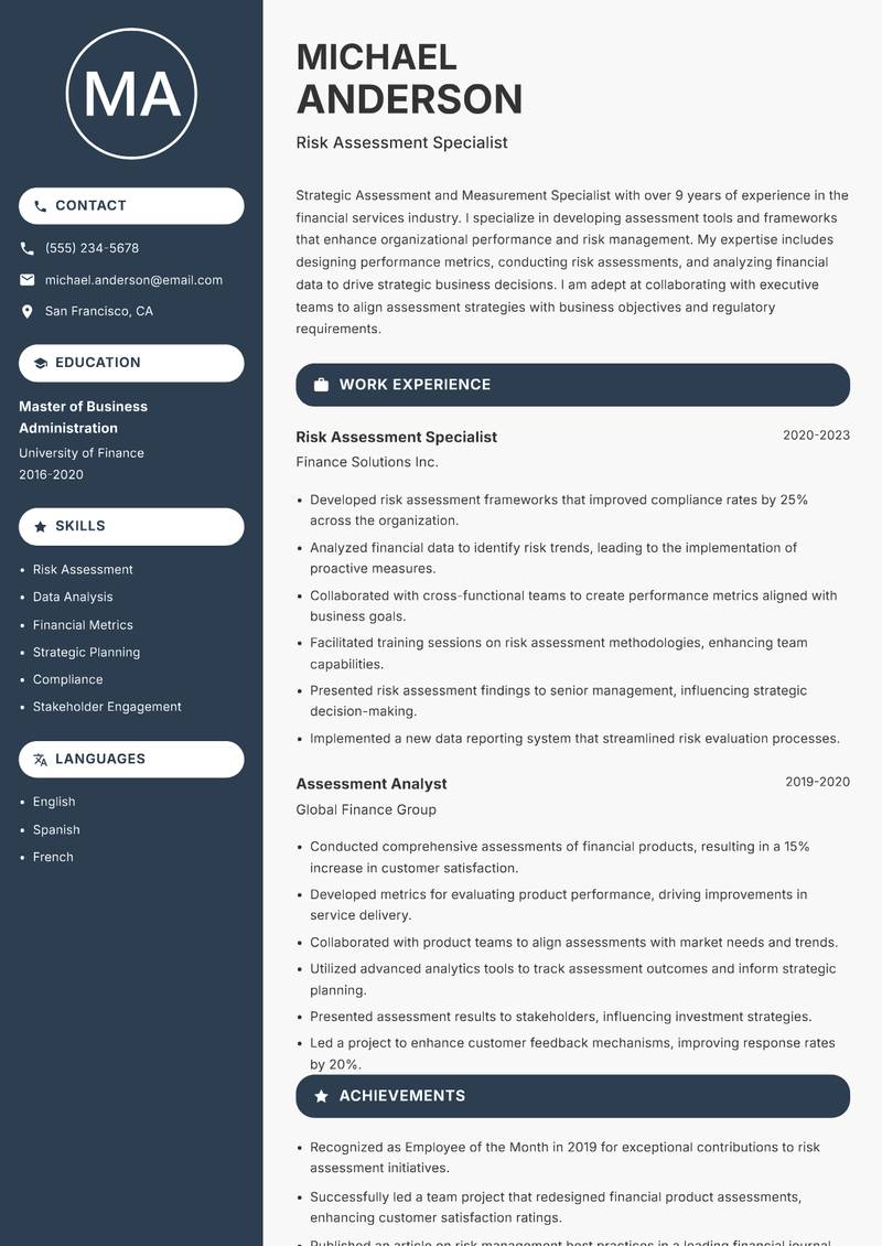 Assessment and Measurement Specialist resume sample — Risk Assessment Specialist focus