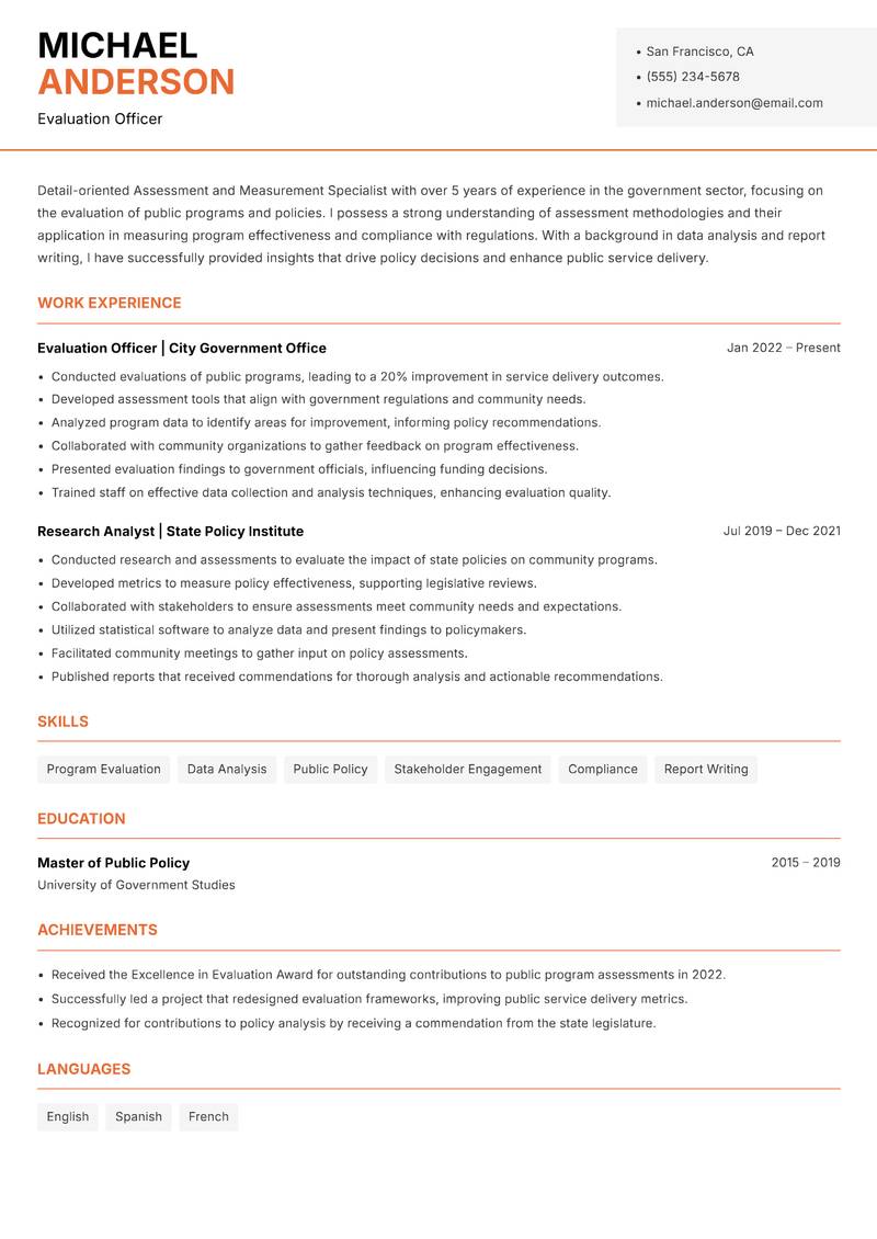 Assessment and Measurement Specialist resume sample — Evaluation Officer focus