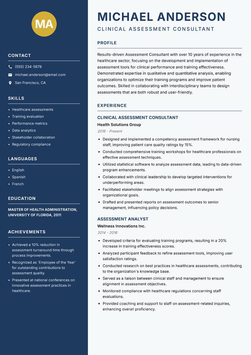 Assessment Consultant resume sample — Clinical Assessment Consultant focus