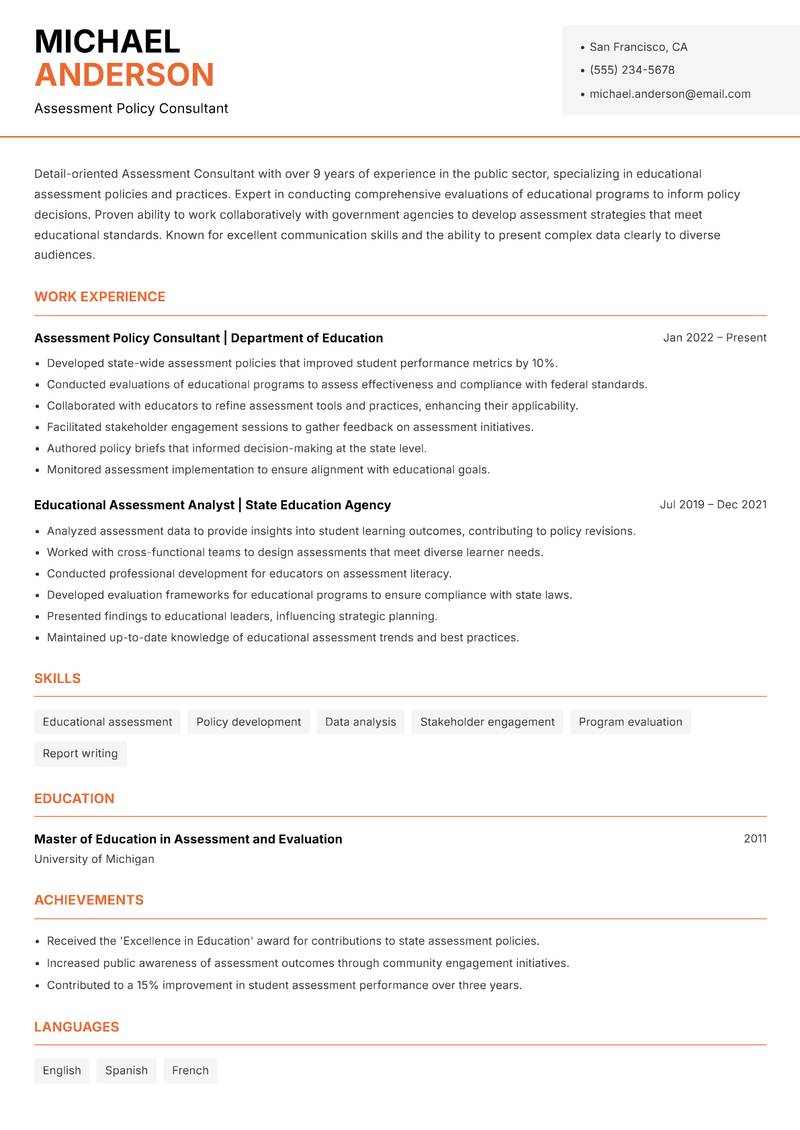 Assessment Consultant resume sample — Assessment Policy Consultant focus