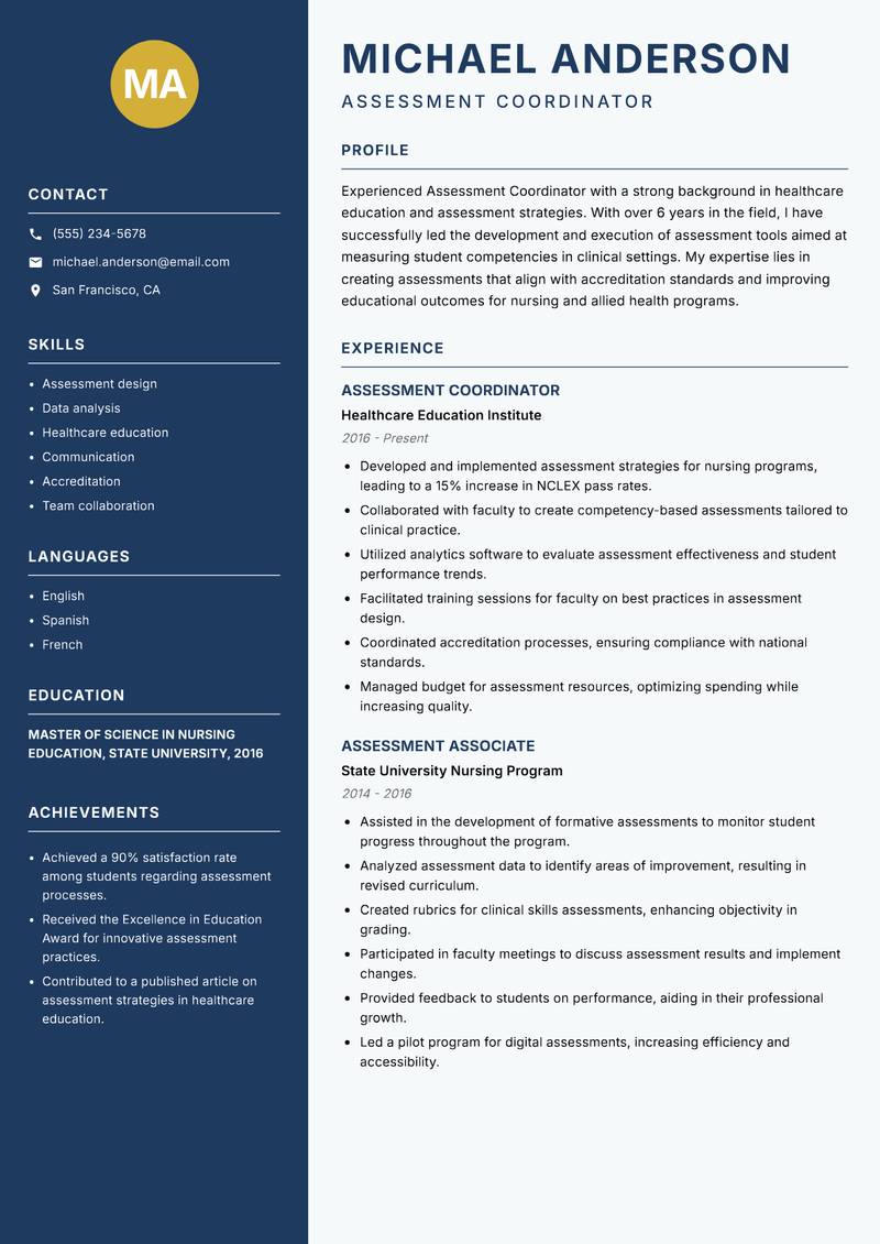 Assessment Coordinator resume sample — Assessment Coordinator focus
