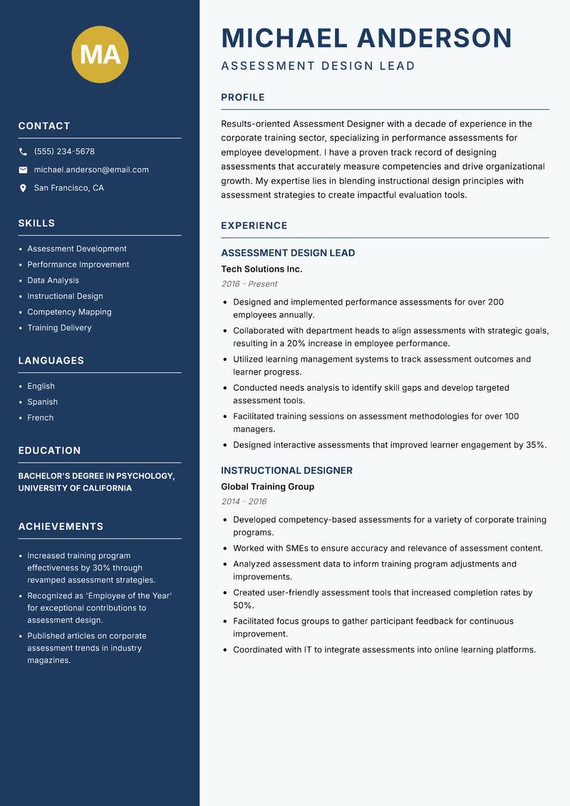 Assessment Designer resume sample — Assessment Design Lead focus