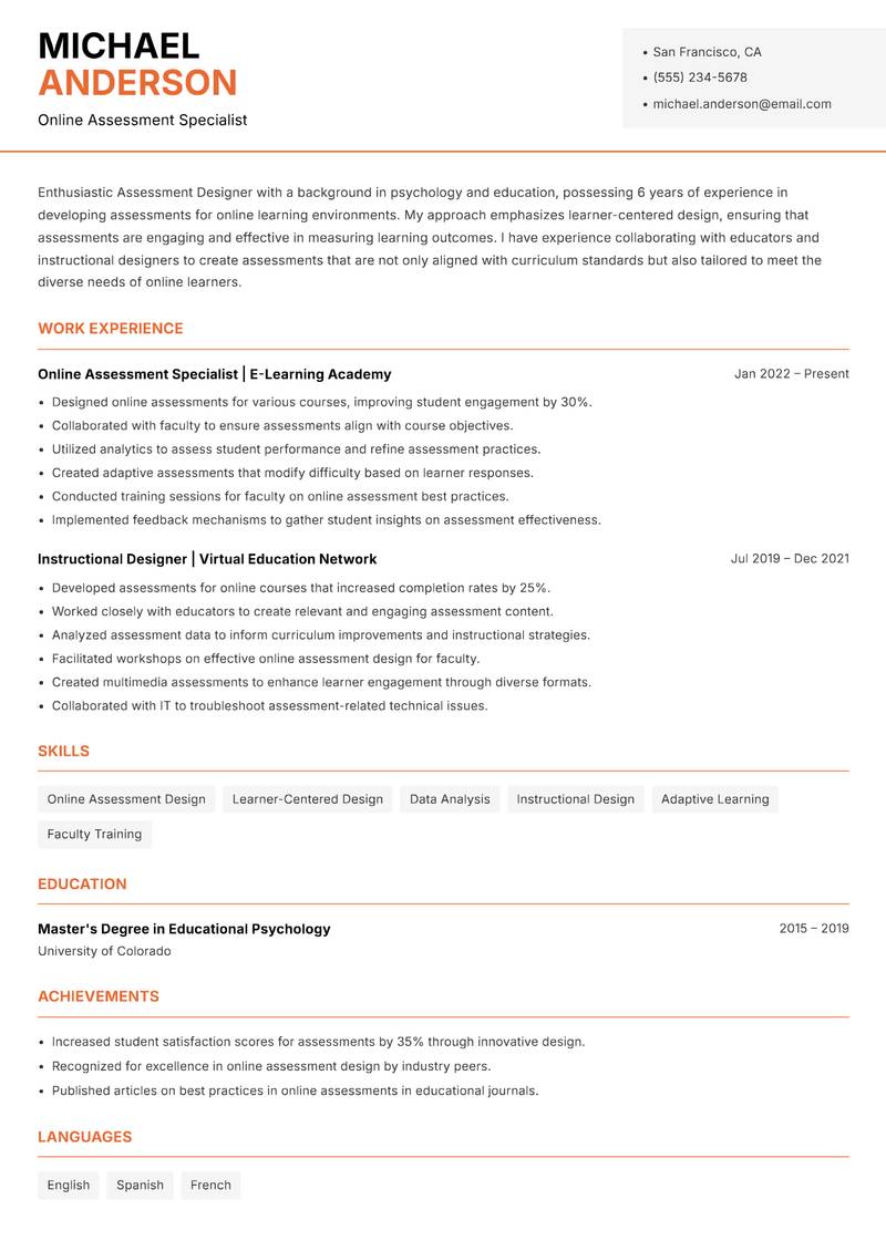 Assessment Designer resume sample — Online Assessment Specialist focus