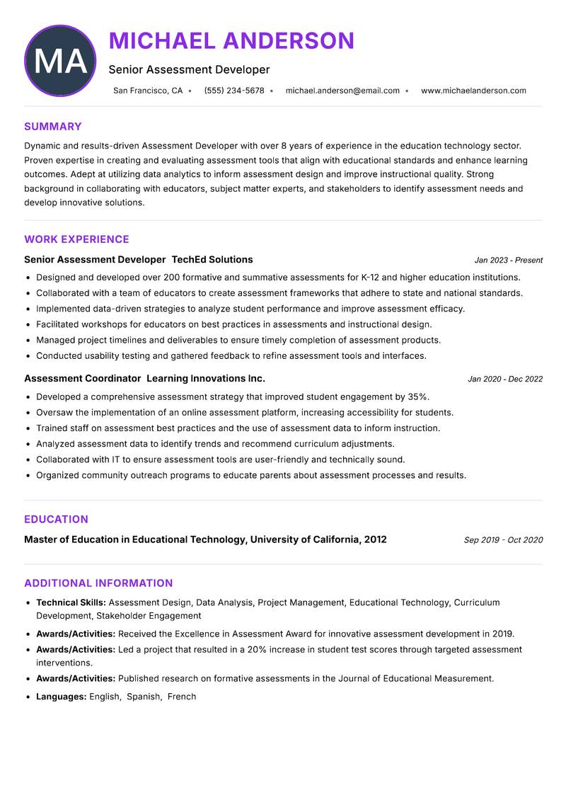 Assessment Developer resume example