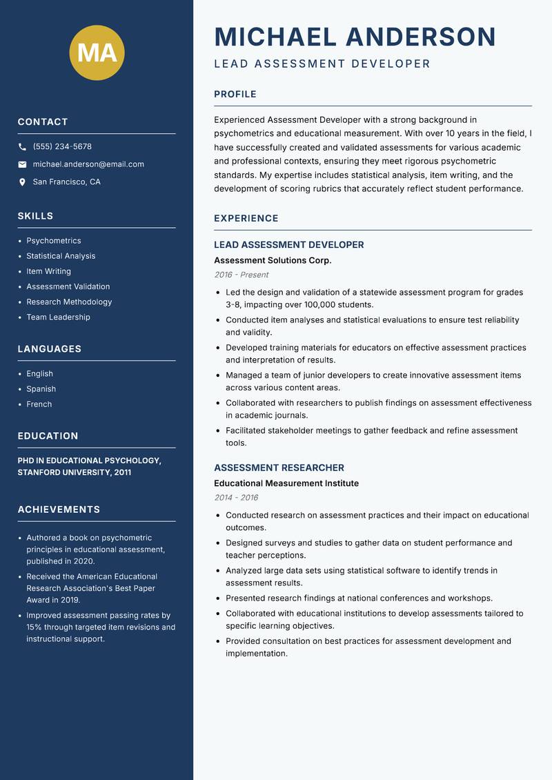 Assessment Developer resume sample — Lead Assessment Developer focus