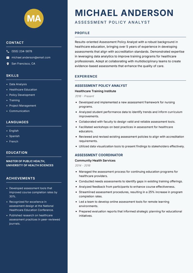 Assessment Policy Analyst resume sample — Assessment Policy Analyst focus