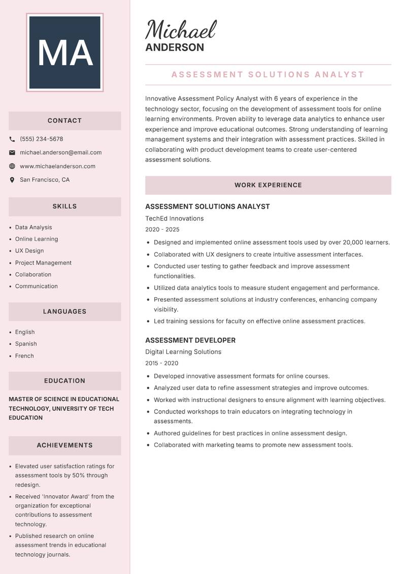 Assessment Policy Analyst resume sample — Assessment Solutions Analyst focus