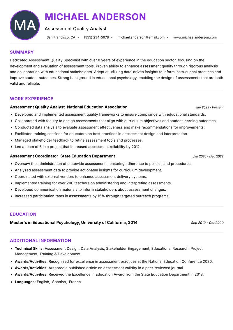 Assessment Quality Specialist resume example