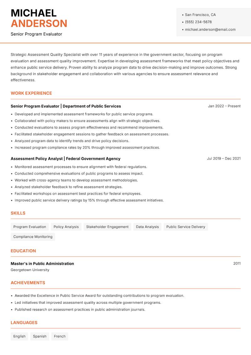 Assessment Quality Specialist resume sample — Senior Program Evaluator focus