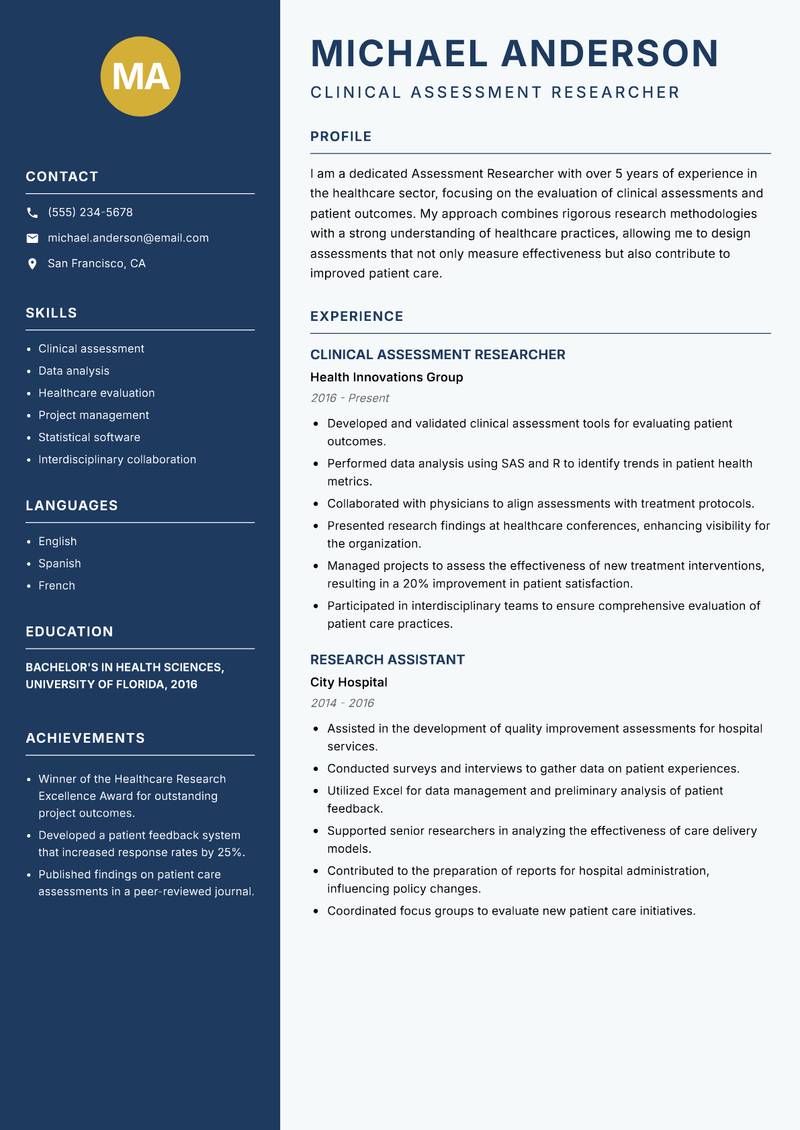 Assessment Researcher resume sample — Clinical Assessment Researcher focus