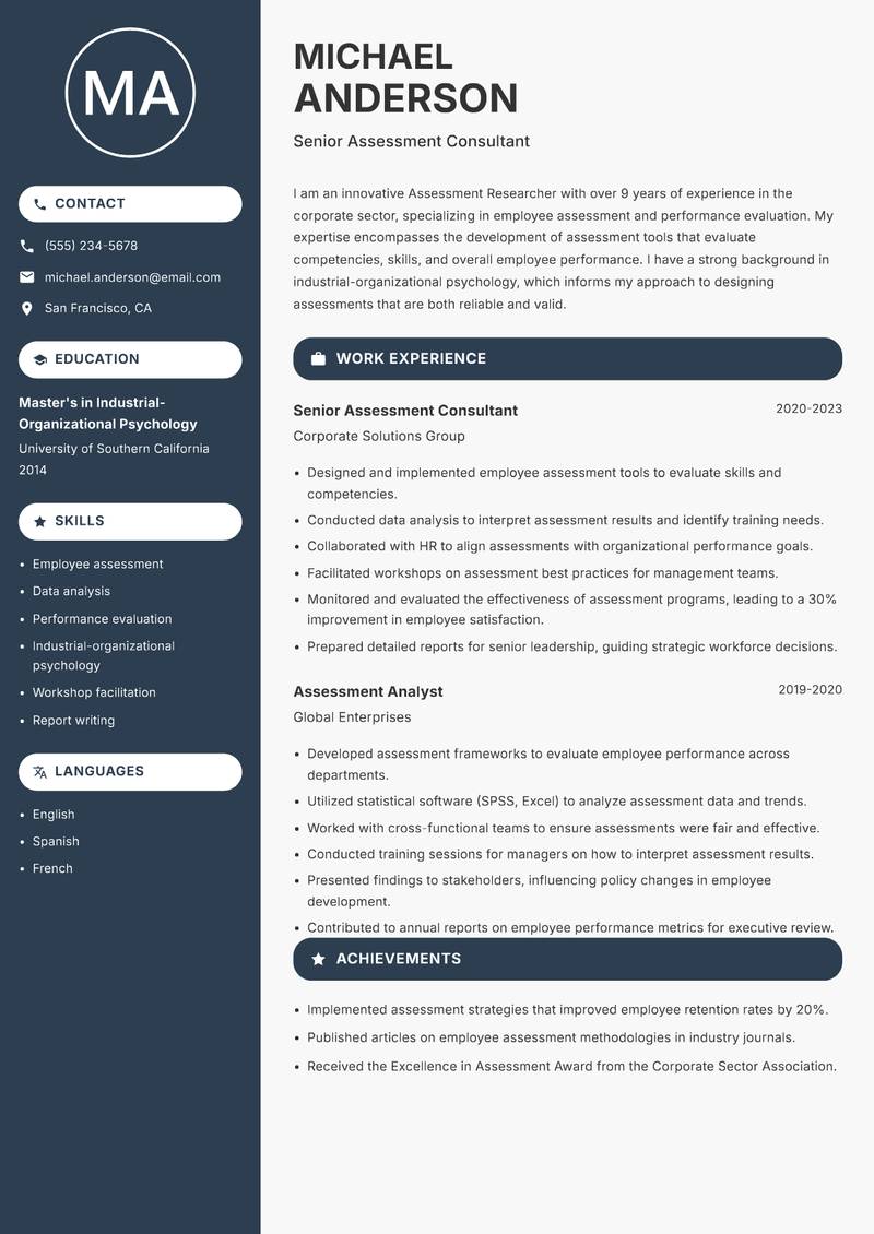 Assessment Researcher resume sample — Senior Assessment Consultant focus