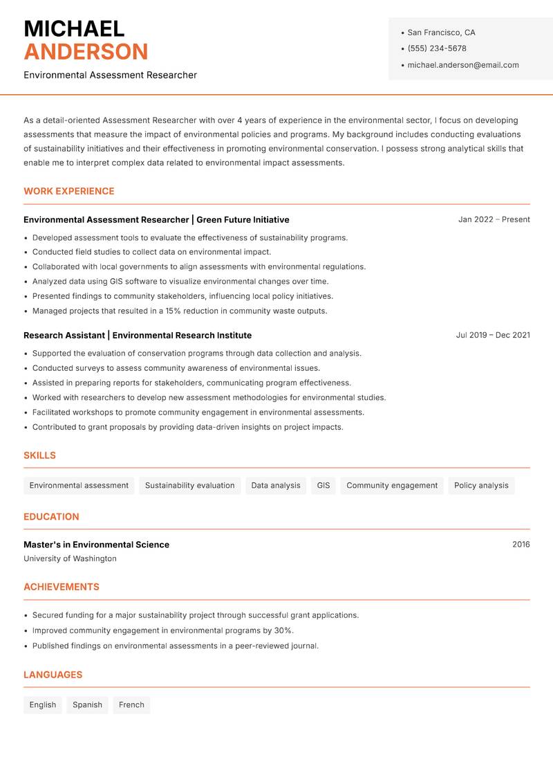 Assessment Researcher resume sample — Environmental Assessment Researcher focus