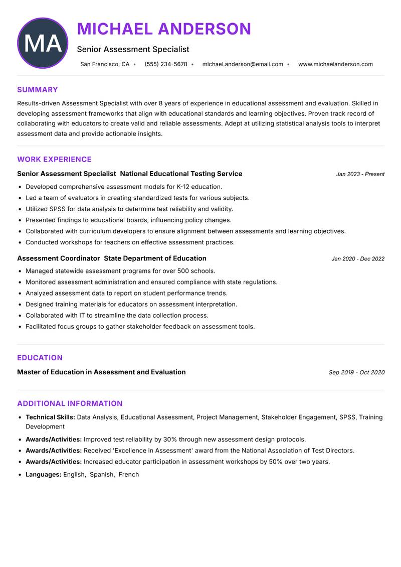 Assessment Specialist resume example